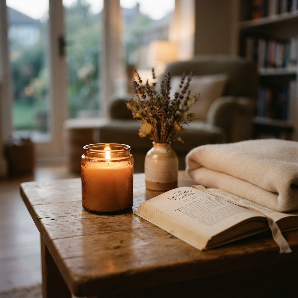 A softly glowing lavender-scented candle on a freshly wiped side table at dusk, beside a folded throw and an open book