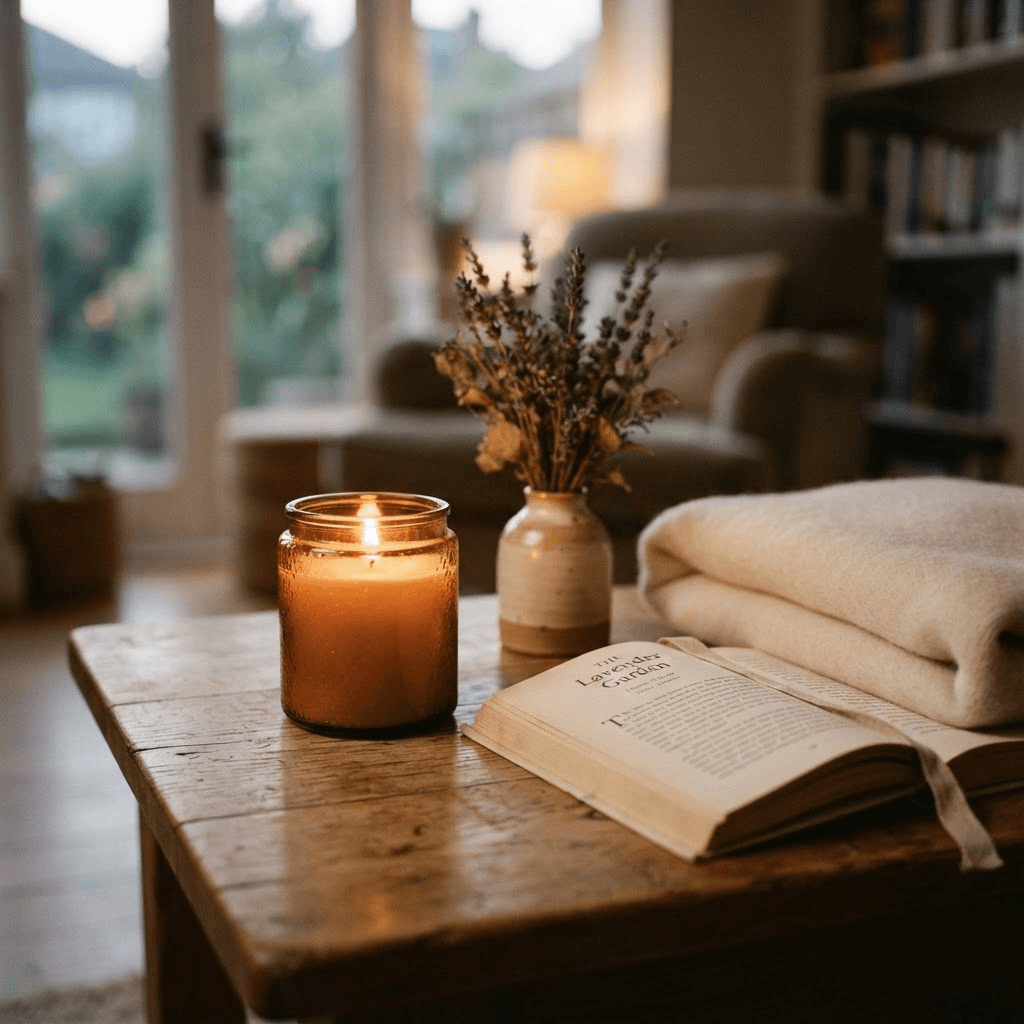 A softly glowing lavender-scented candle on a freshly wiped side table at dusk, beside a folded throw and an open book