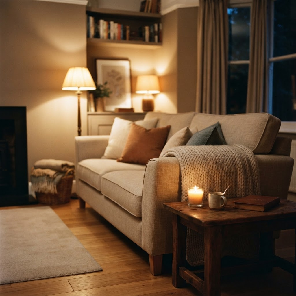 A cozy, dimly lit living room in the evening with a lit candle, warm lamplight and a plush throw folded over a clean sofa