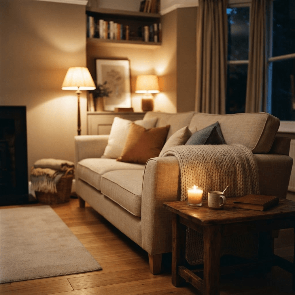 A cozy, dimly lit living room in the evening with a lit candle, warm lamplight and a plush throw folded over a clean sofa