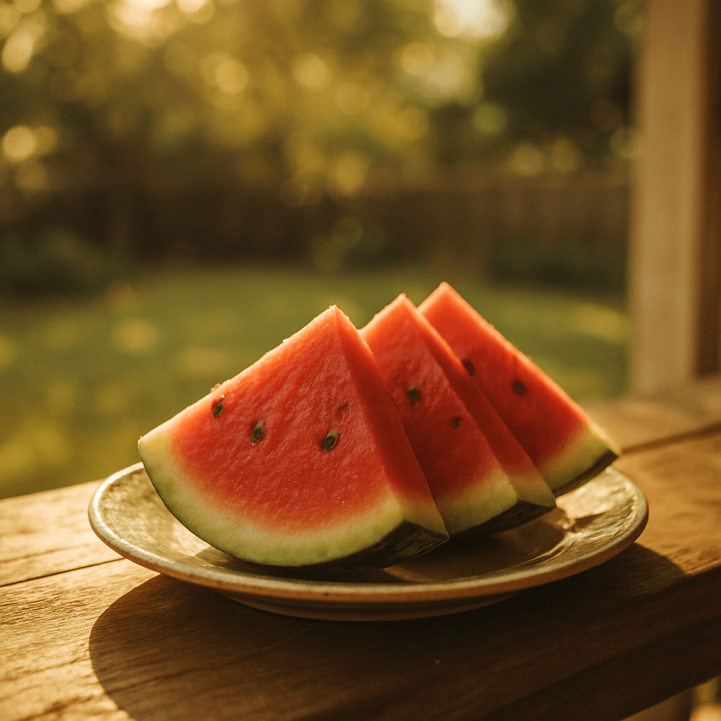 Slices of fresh watermelon on a porch table in golden sunlight
