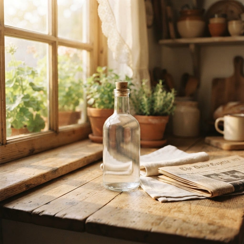 A clear glass bottle of white vinegar on a sunlit wooden kitchen counter beside a folded newspaper and a cotton cloth
