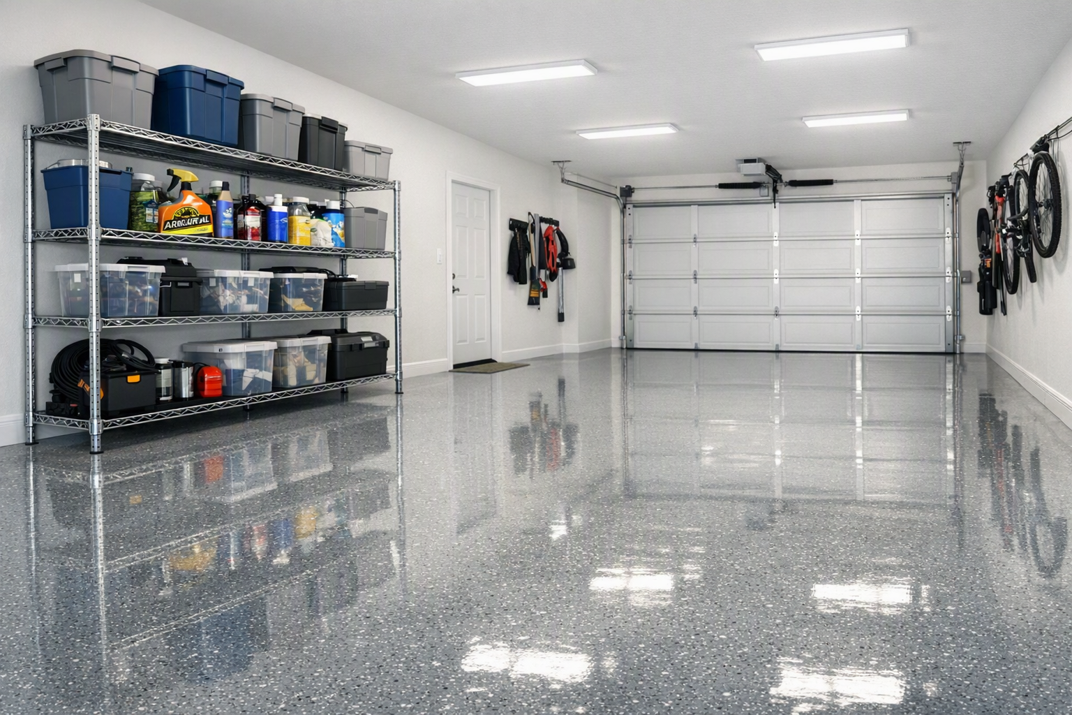 A freshly organized garage with a glossy epoxy floor and neatly stocked shelving