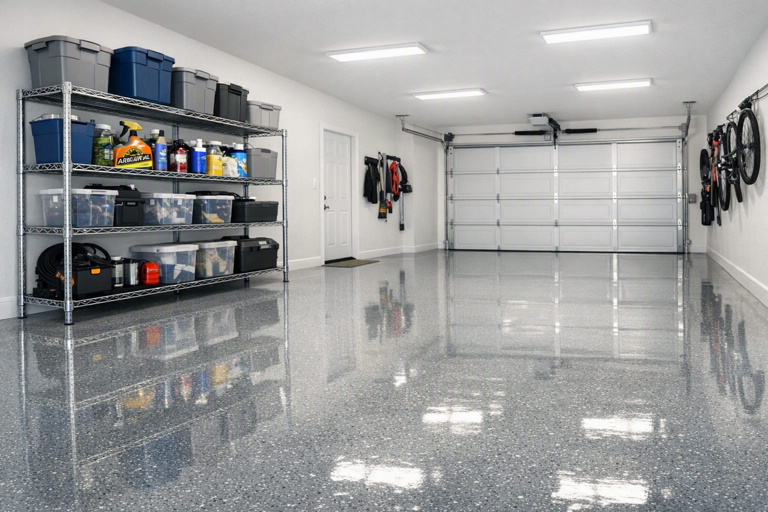 A freshly organized garage with a glossy epoxy floor and neatly stocked shelving