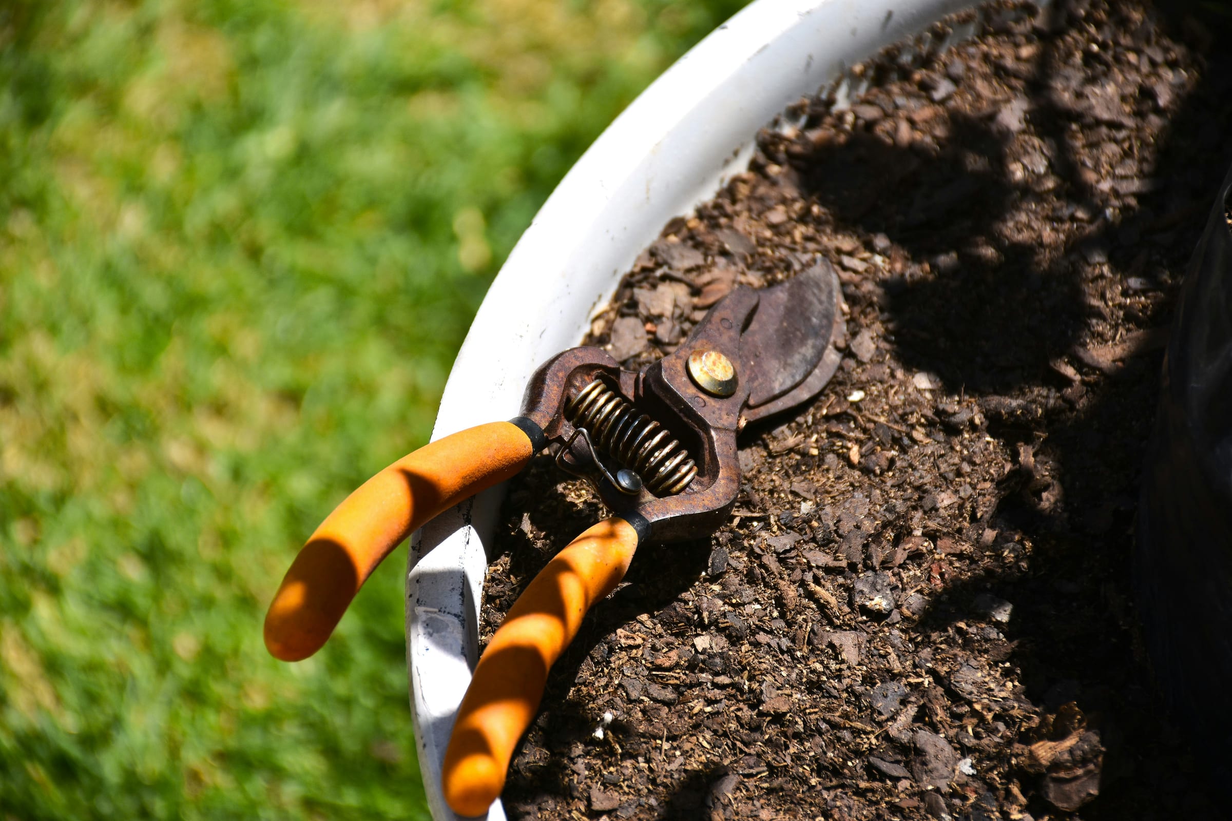 A pair of orange-handled garden pruners resting on the rim of a pot of fresh soil