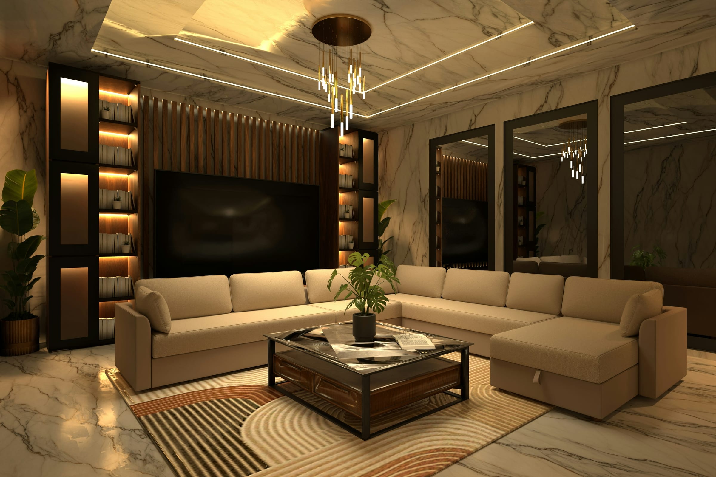 A warmly lit luxury living room with marble walls, a beige sectional sofa, a backlit wood-slat TV wall, and a cascading gold pendant light