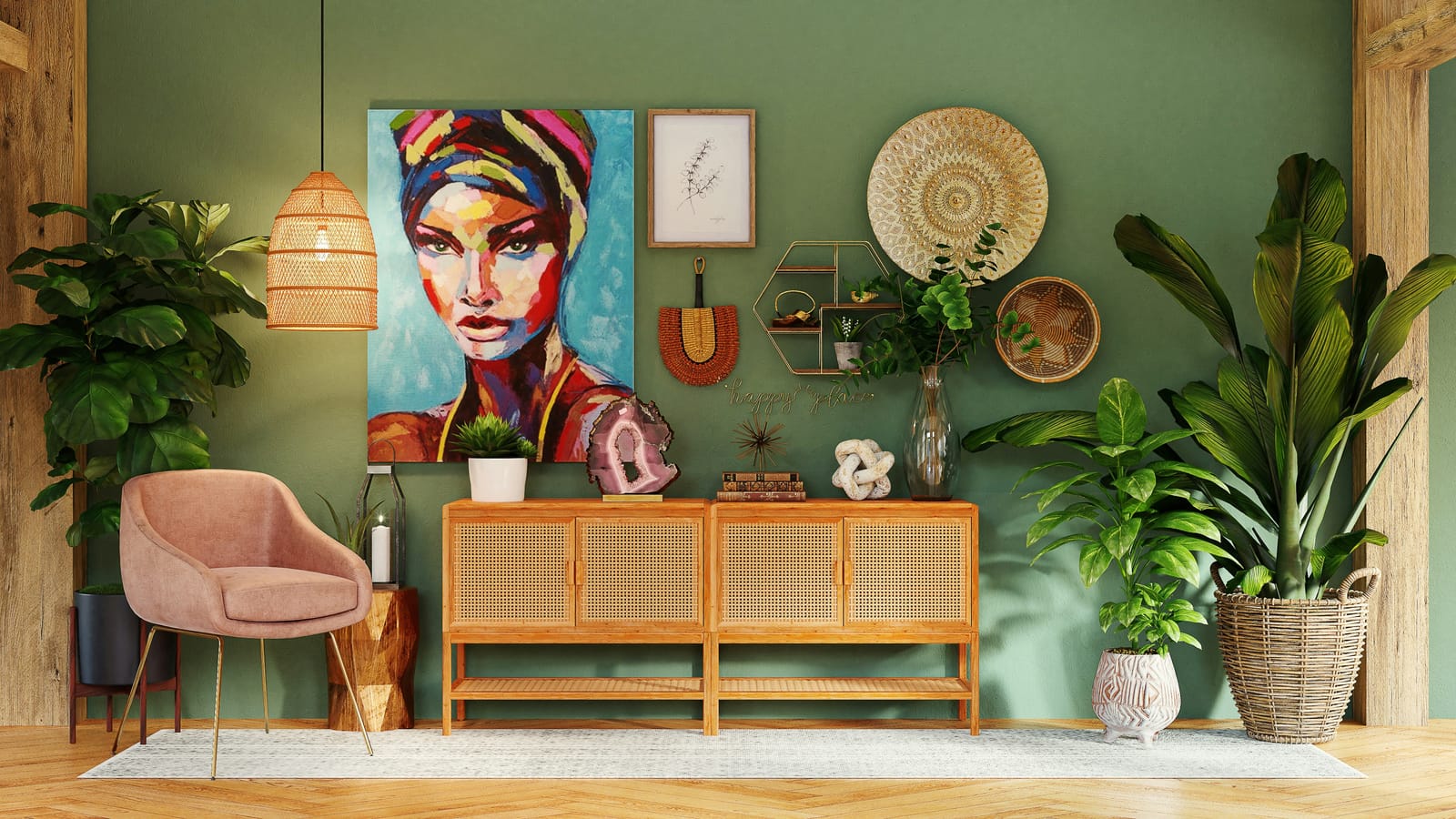 A boho living room with a sage-green wall, a bold multicolor portrait painting, a caned rattan credenza, a blush accent chair, and lush plants