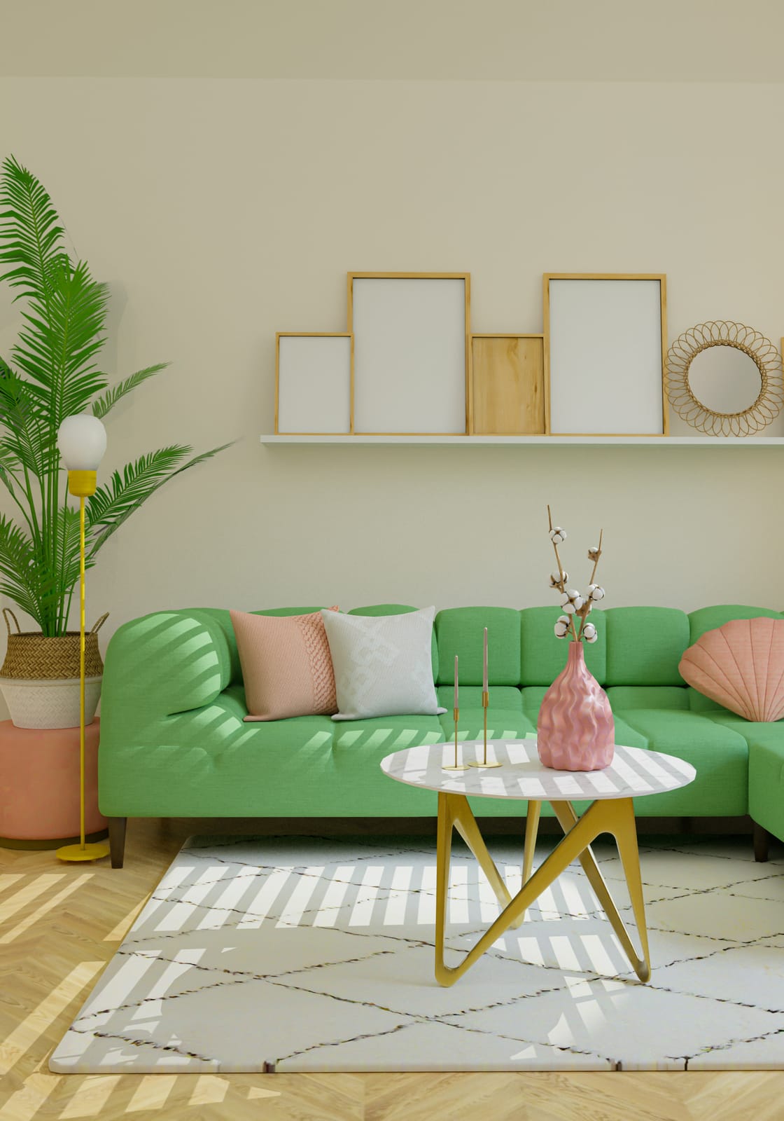 A mint-green sofa with blush-pink and cream throw pillows, a pink ceramic vase with cotton stems on a white marble and gold coffee table, a yellow floor lamp, and a tall palm in a woven basket