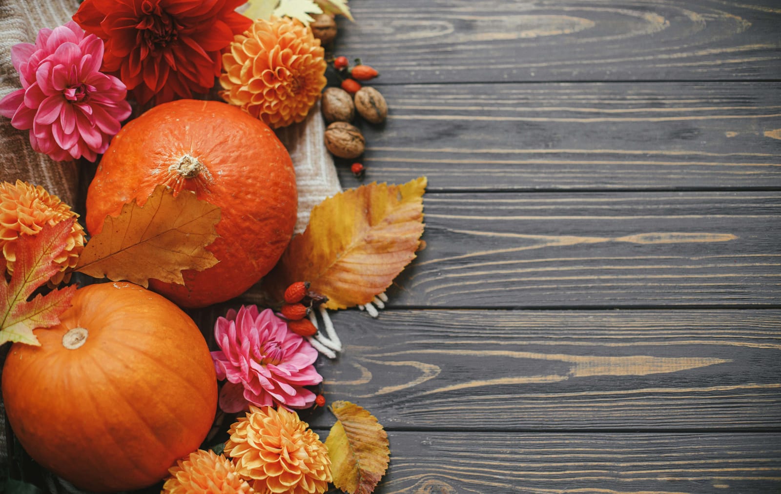 An autumn flat-lay of orange pumpkins, pink and red dahlias, golden leaves, walnuts, and rosehips clustered on dark weathered wood
