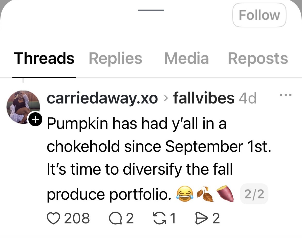 A Threads post from carriedaway.xo (2 of 2) reading: “Pumpkin has had y’all in a chokehold since September 1st. It’s time to diversify the fall produce portfolio.”