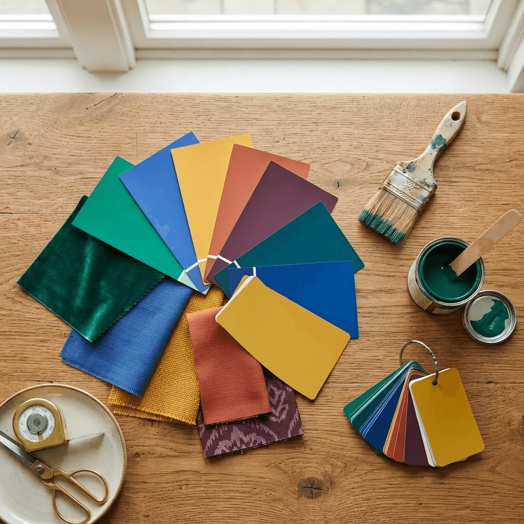 A flat-lay of home decor paint swatches in jewel tones -- emerald, cobalt, marigold, terracotta, and plum -- beside fabric samples, a paintbrush, and a small pot of paint on a wooden table