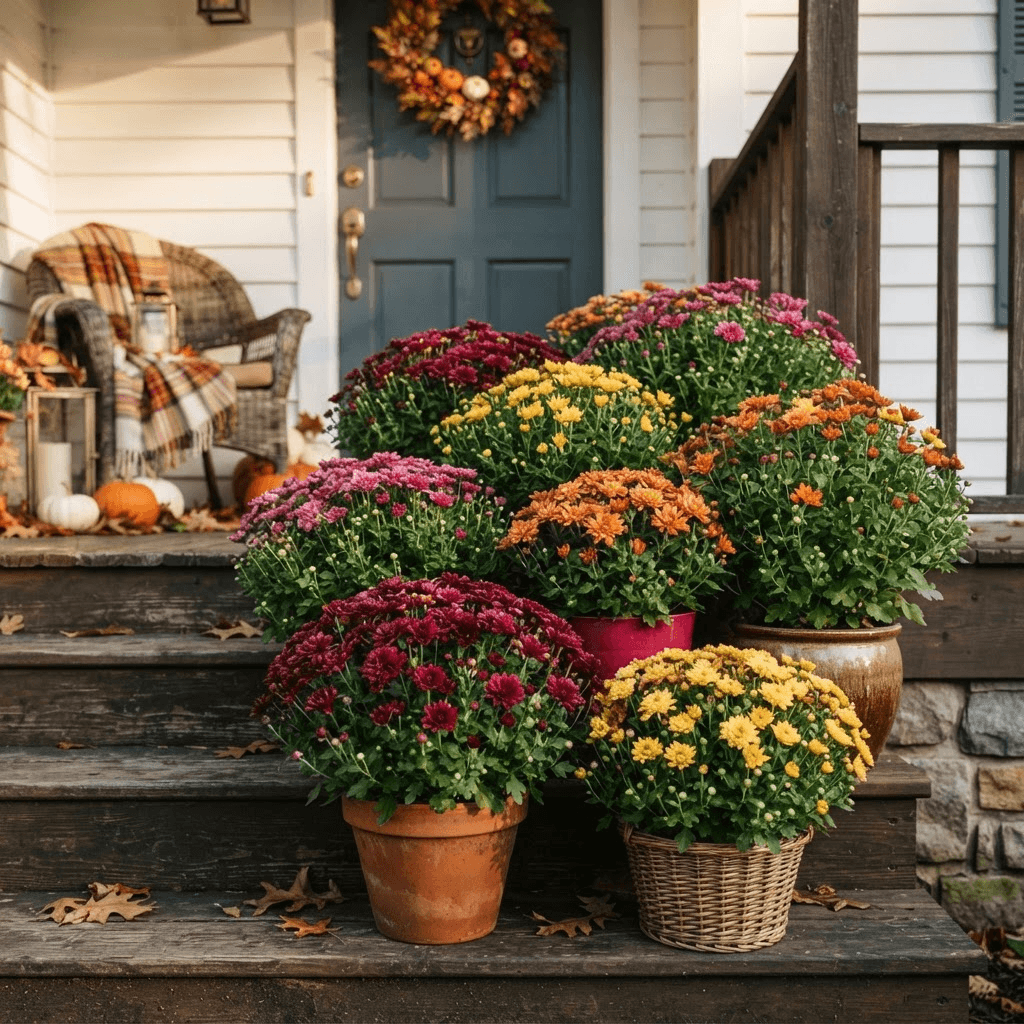 A vibrant cluster of potted chrysanthemum mums in burgundy, gold, orange, and magenta on a front porch step in warm autumn light