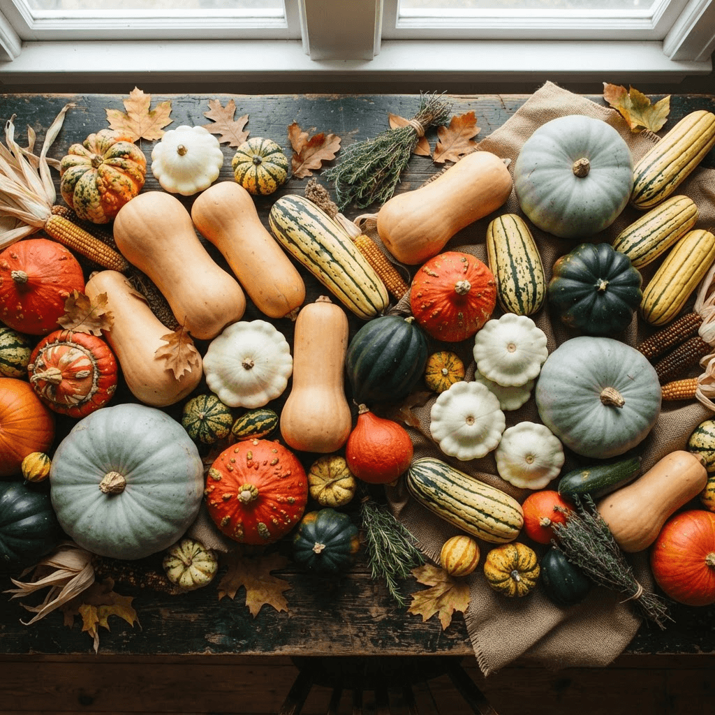 An overhead spread of colorful squash and gourd varieties -- orange butternut, blue-green hubbard, striped delicata, green acorn, and creamy white -- on a dark rustic table