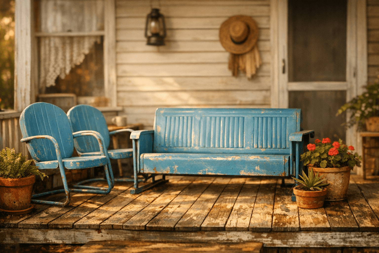 Vintage blue porch furniture with potted plants