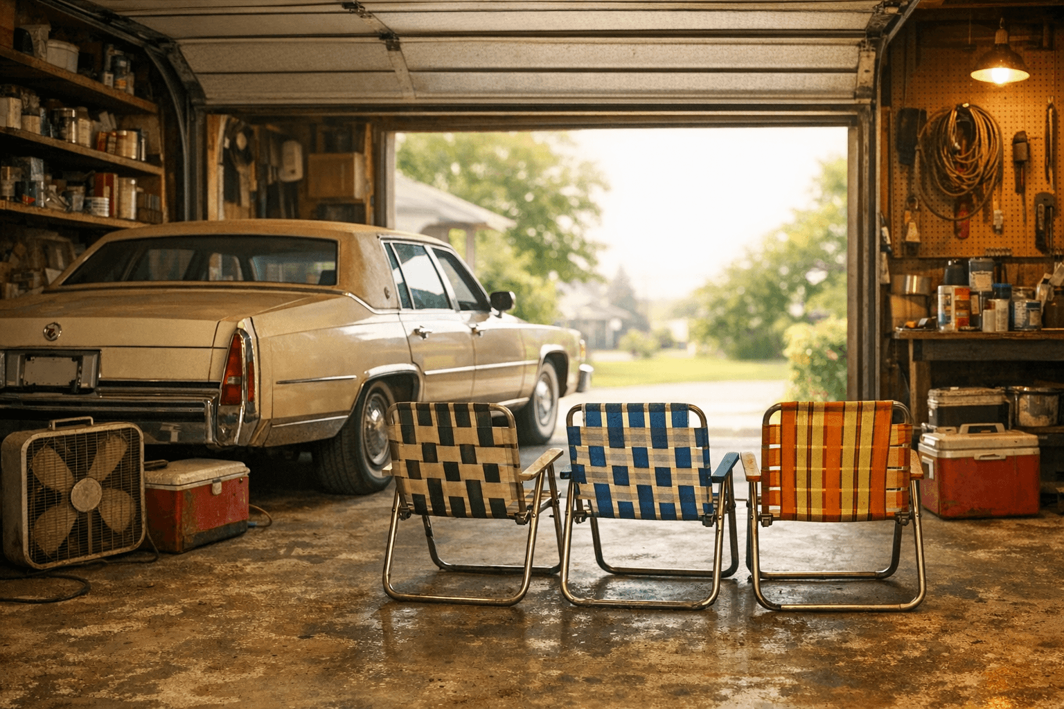 Three vintage webbed aluminum lawn chairs facing out from an open garage toward a suburban street, with a 1980s Cadillac, a box fan, and coolers inside