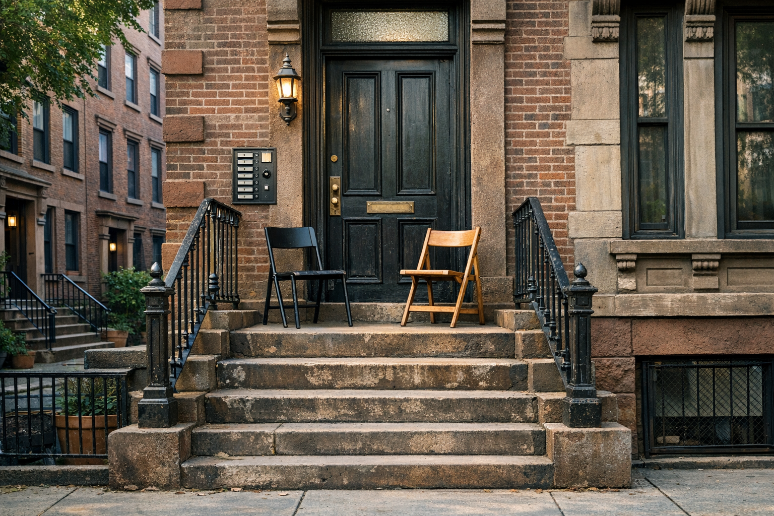 Two folding chairs — one black metal, one wooden — on the worn stone steps of a brownstone stoop with a black paneled door and brass mail slot