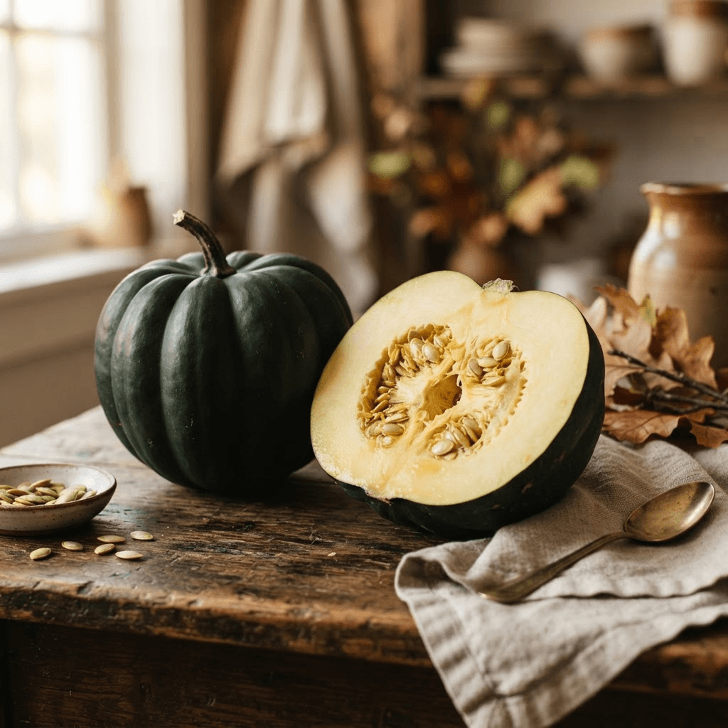 A dark forest-green ribbed acorn squash, one whole and one halved showing pale yellow flesh, on a dark rustic wooden table