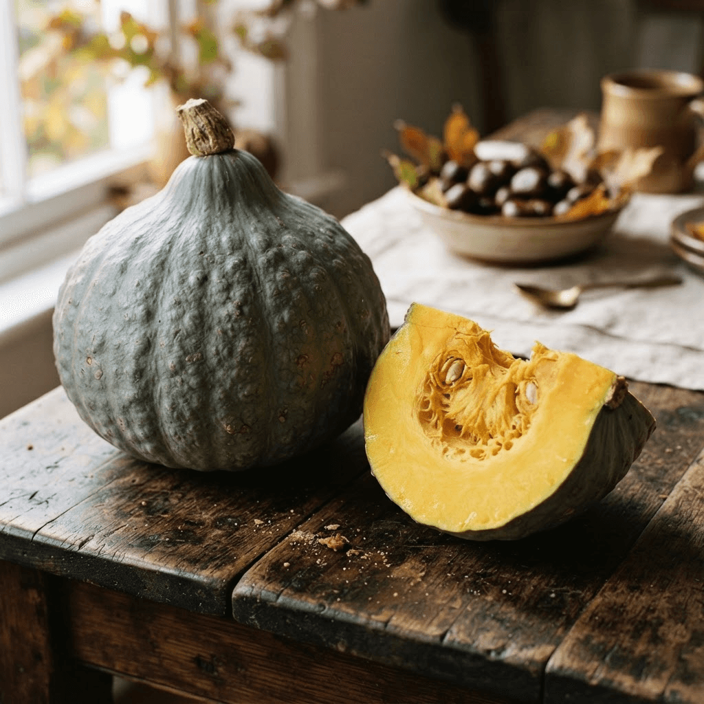 A large bumpy blue-gray hubbard squash with a wedge cut out showing thick golden-orange flesh, on a dark rustic wooden table
