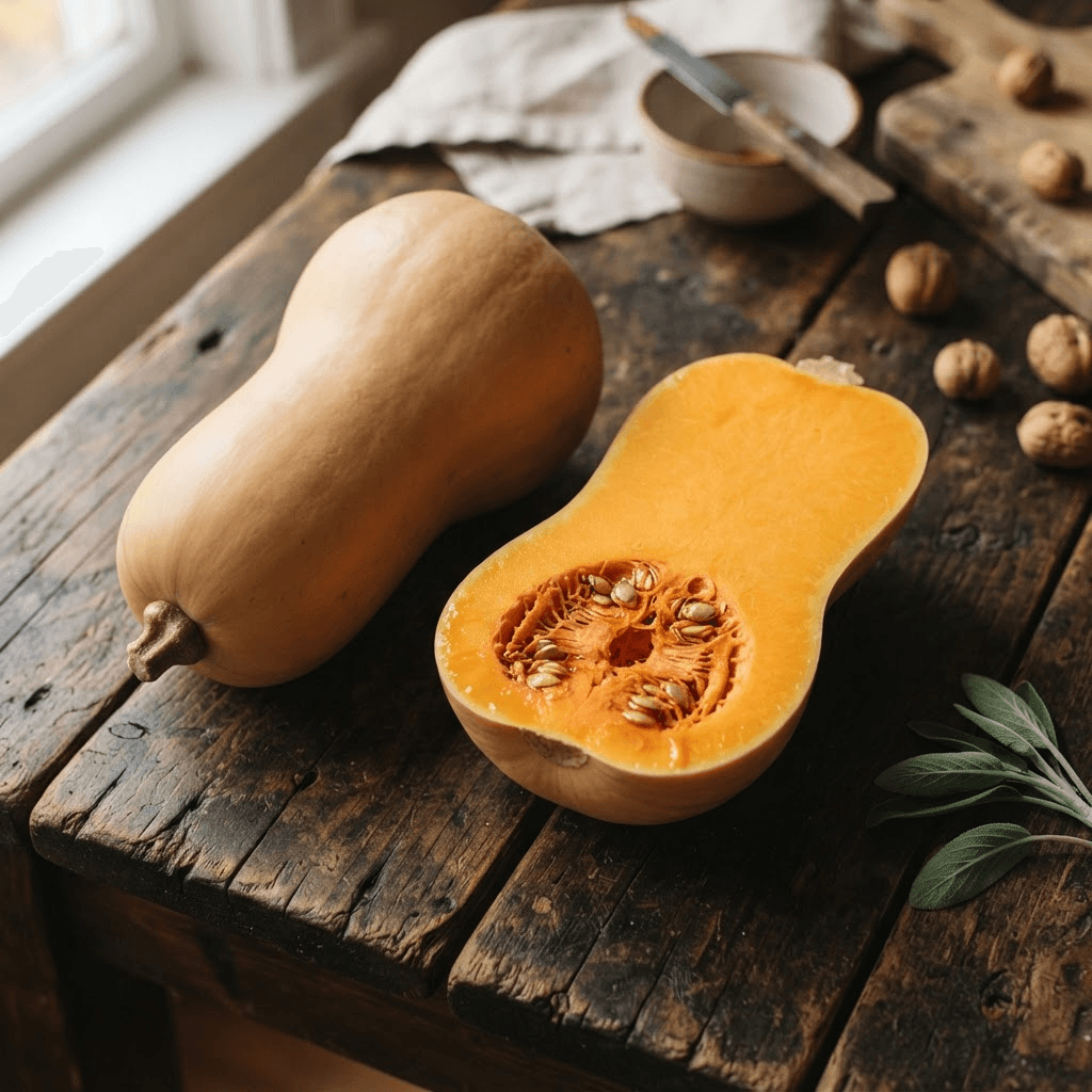 A whole tan butternut squash beside one cut in half lengthwise, showing the deep orange flesh, on a dark rustic wooden table