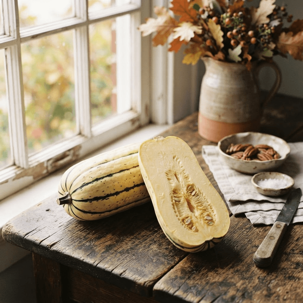 A cream-colored delicata squash with green vertical stripes, one whole and one cut in half lengthwise showing the pale flesh and seeds, on a dark rustic wooden table