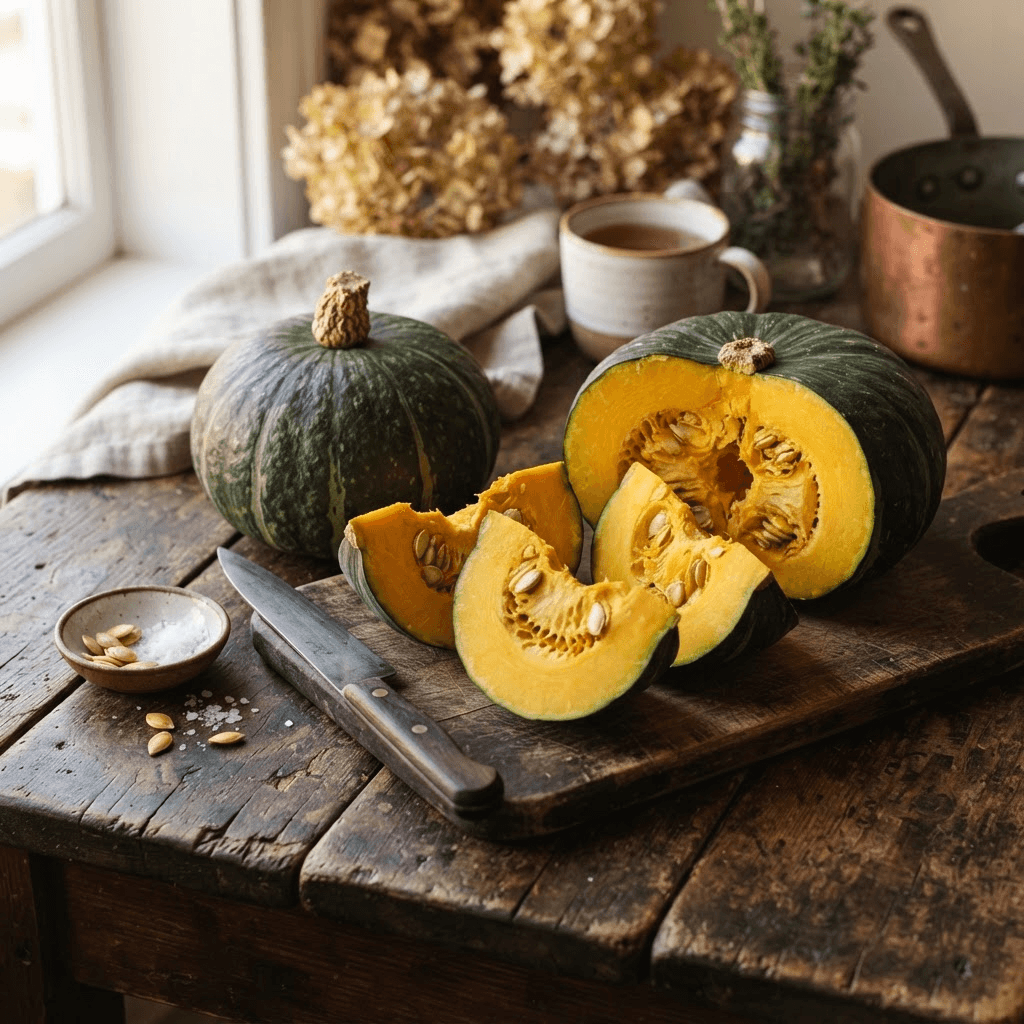 A squat deep-green kabocha squash, one whole and one cut into wedges showing dense golden-orange flesh, on a dark rustic wooden table