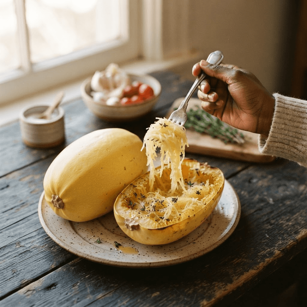 A butter-yellow oval spaghetti squash, one whole and one roasted half with a fork pulling the flesh into noodle-like strands, on a dark rustic wooden table